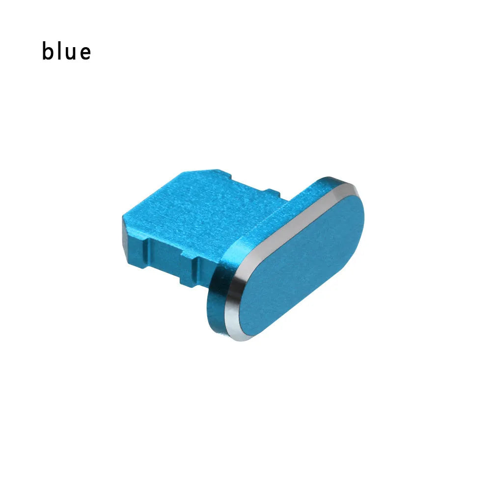 Aluminium alloy dust plug for iPhone charging port in various colours including gold, silver, and rose gold.