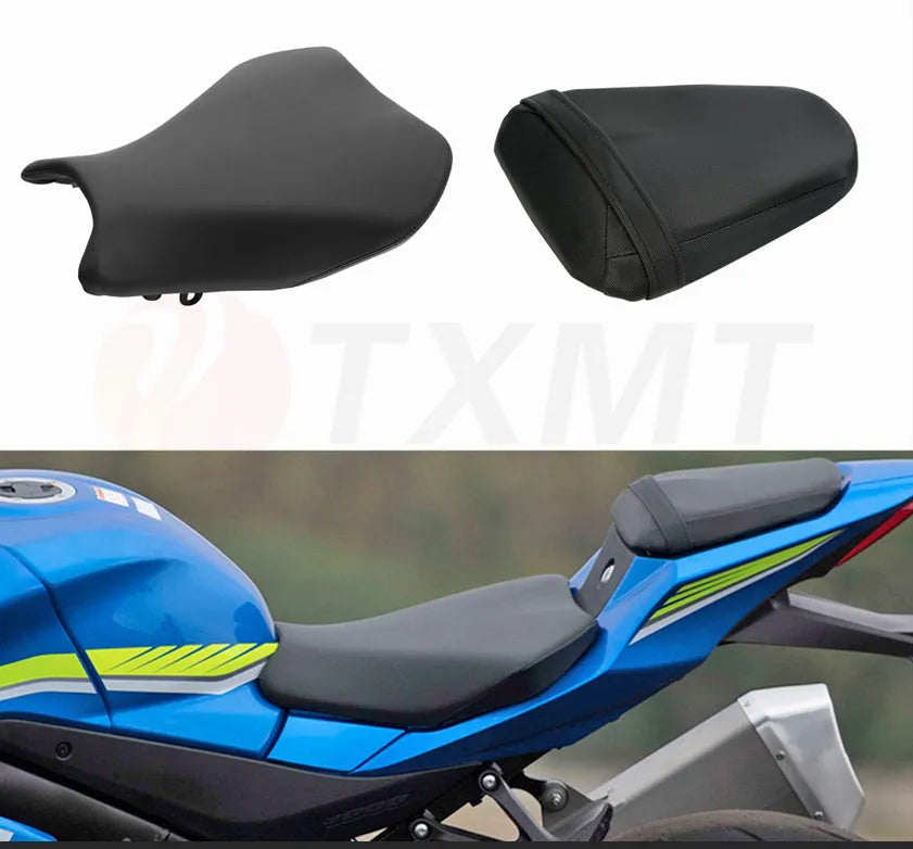 Suzuki GSXR1000 motorcycle front and rear seat covers made from black PU leather.