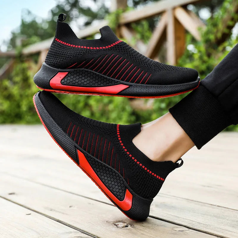Men's striped mesh slip-on sneakers with flyknit upper and lace closure