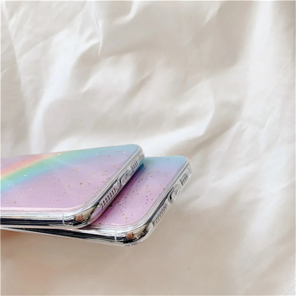 Rainbow gradient striped TPU hard protective case for iPhone on a white background.