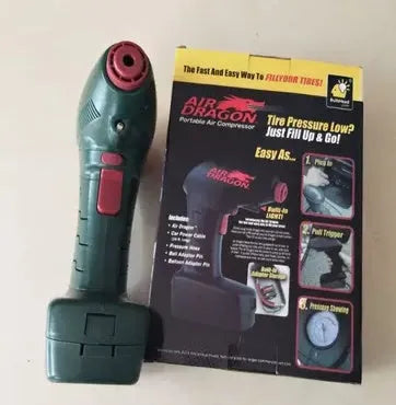 Portable electric car air pump with motor and inflation hose for vehicle tyres