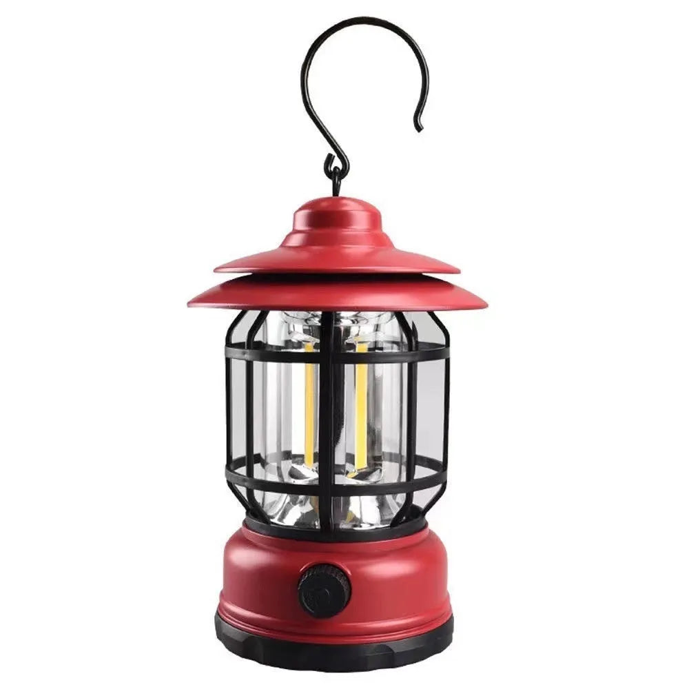 Portable head lamp camping lantern in dark green, black, or red colours with compact dimensions