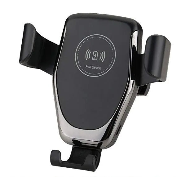 Black car wireless charger with automatic clamping arms holding an iPhone