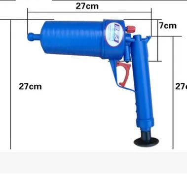 Manual high-pressure plastic drain blaster gun with four rubber suction cup adaptors for unblocking pipes.