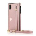 Leather iPhone case with card holder slot and attached wristband in various colours.