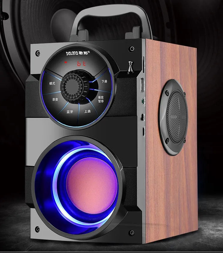 Black portable mini home audio system with subwoofer showing front speakers and connection ports