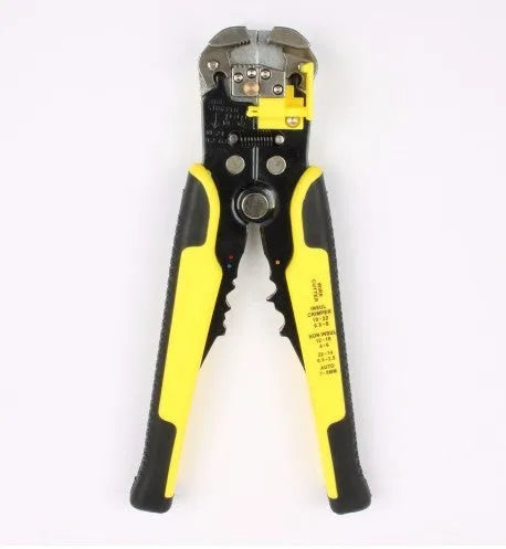 Yellow automatic 3-in-1 wire stripper crimping plier with adjustment screw for electrical work