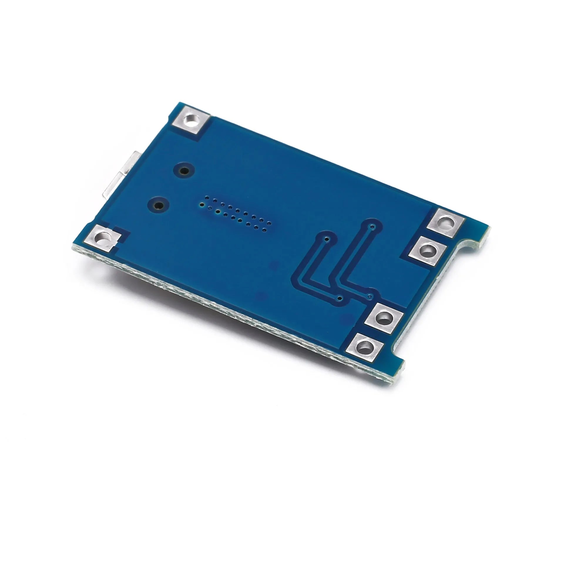 Blue lithium battery charging and protection circuit board measuring 26mm by 17mm