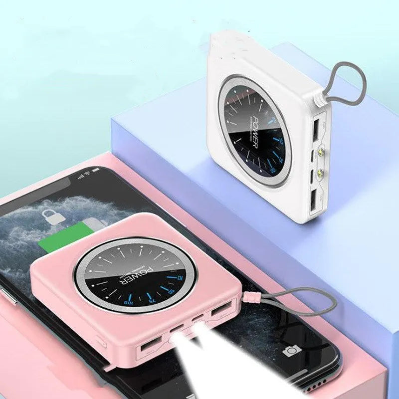 Mini clock charger portable power bank in an alloy case, shown in mint green, with multiple USB output ports.