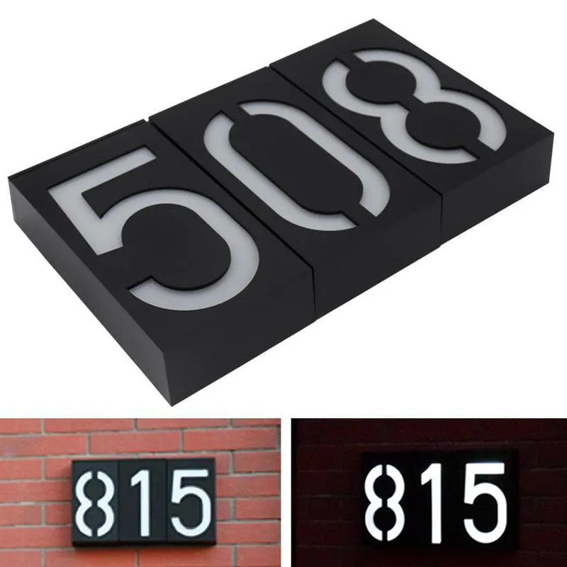 Solar powered house number lamp with LED lights showing clear digital display for outdoor address visibility