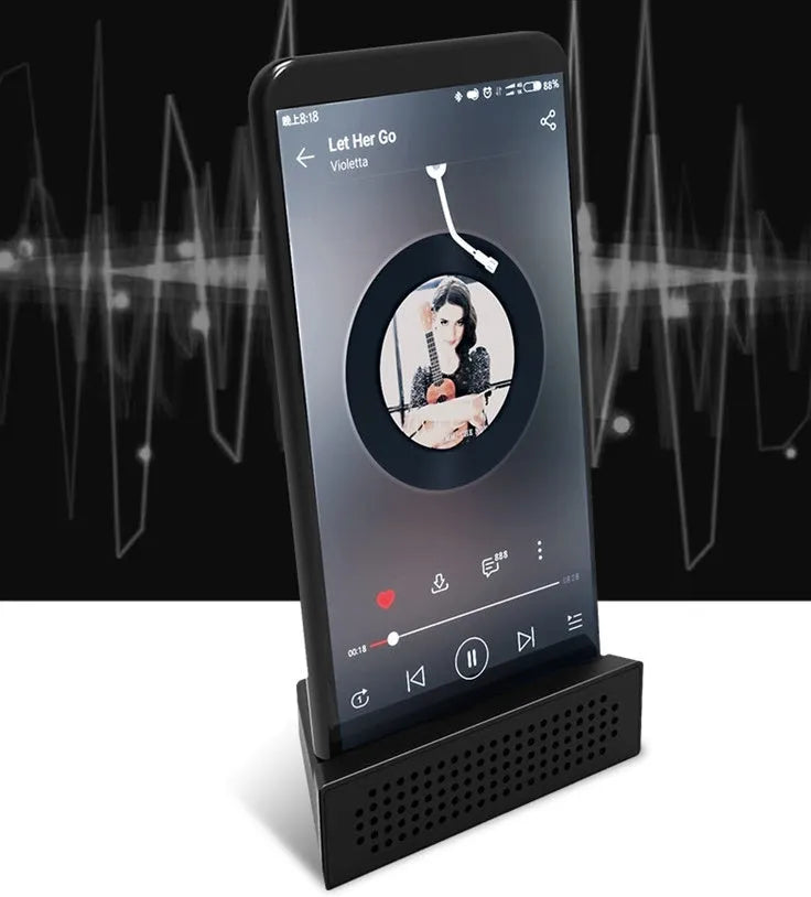 Mobile phone amplifier bracket in ABS plastic showing horizontal film viewing and vertical music listening positions