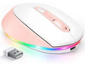 Lightweight 24g wireless rechargeable mouse in various colours next to its USB charging cable.