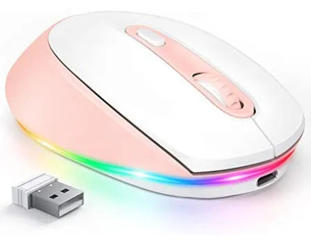 Lightweight 24g wireless rechargeable mouse in various colours next to its USB charging cable.