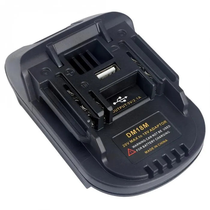 Black Milwaukee DM18M to MAKITA H99F battery adapter showing connection ports