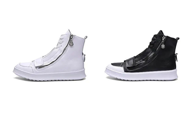 Black and white men's high-top ankle boots made from PU leather and microfiber for winter wear.