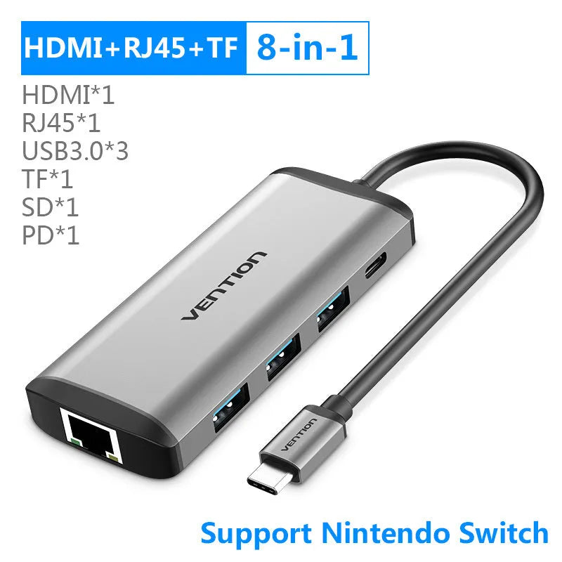 Deep grey USB-C to HDMI hub with Ethernet, USB ports, card readers, and PD charging on a 0.15m cable