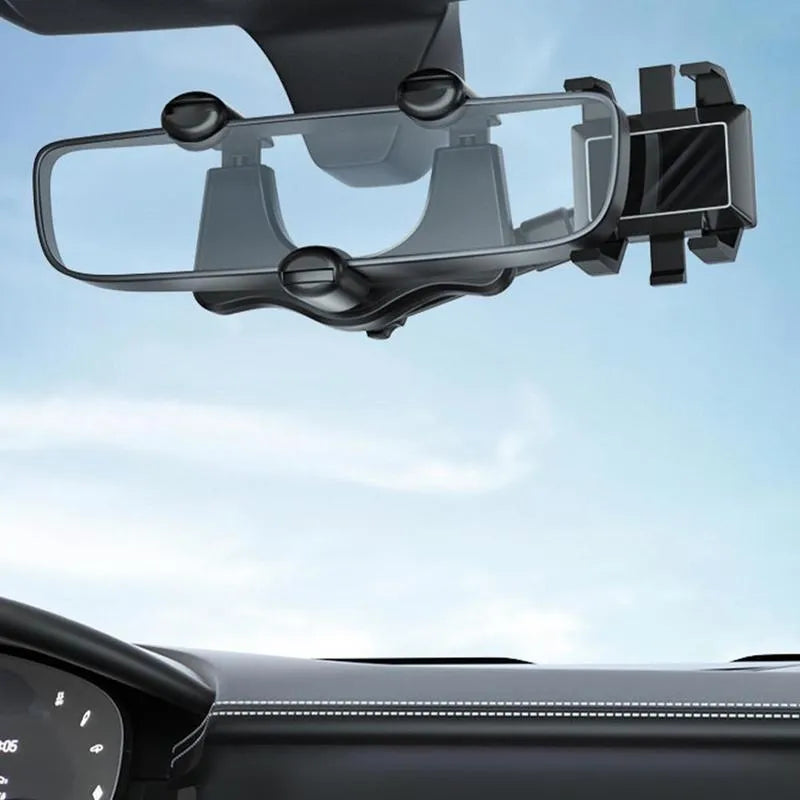 Black rearview mirror car phone holder with rotating head and telescopic arm extended