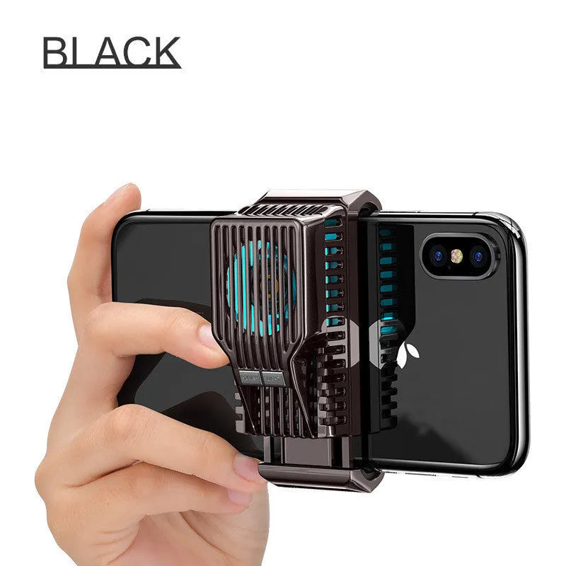 Black mobile phone cooling fan radiator clipped to a smartphone, with USB cable.