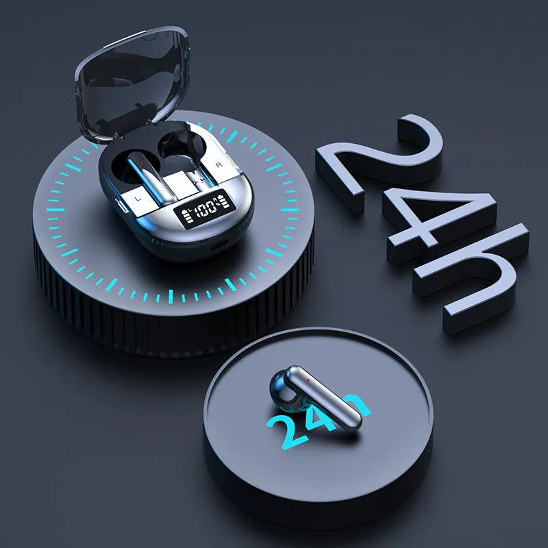 Black wireless Bluetooth in-ear headset with charging bin showing digital display screen