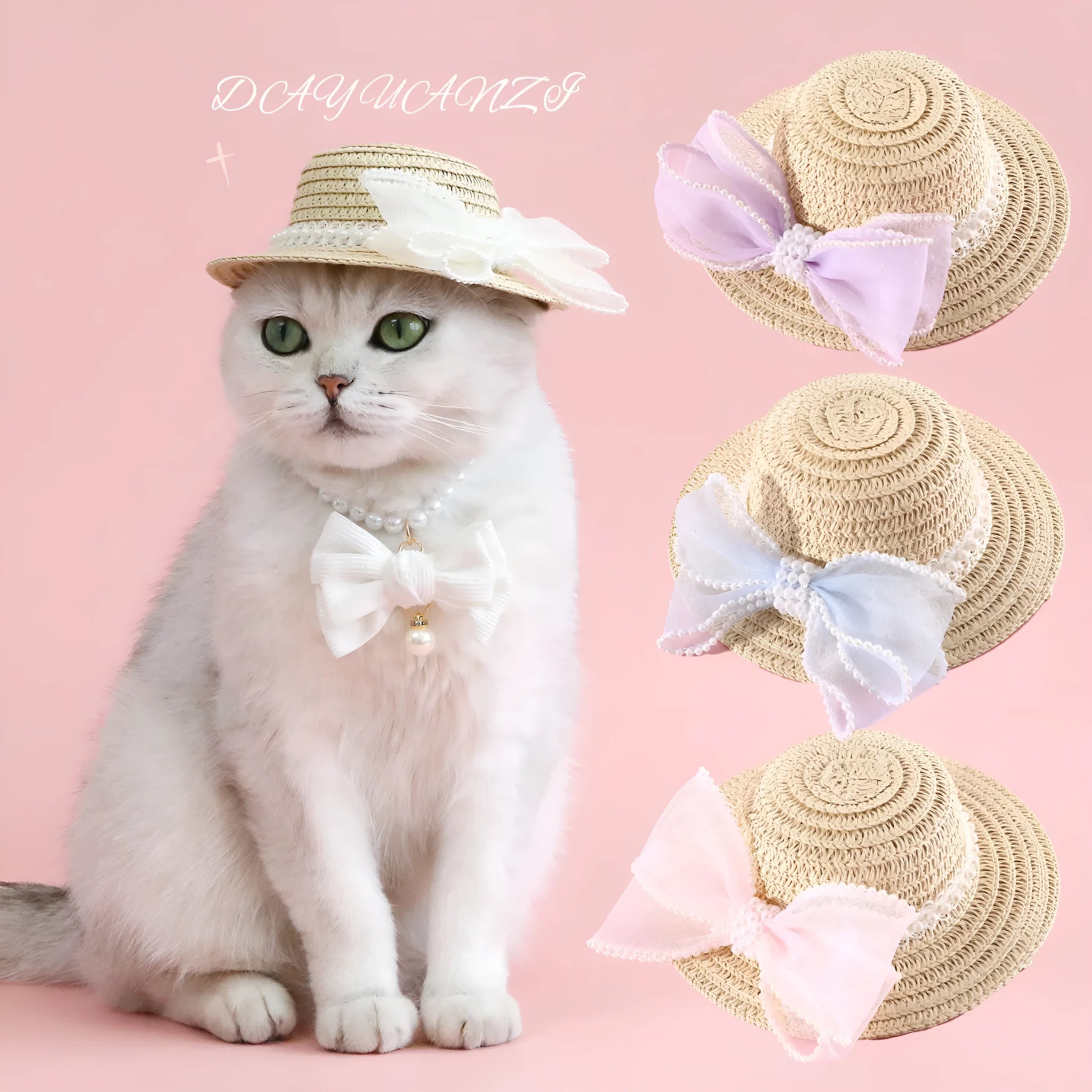 Woven Lafite leaves straw hat with pearl bow on a cat, showing pink pearl colour option in S 13cm size.