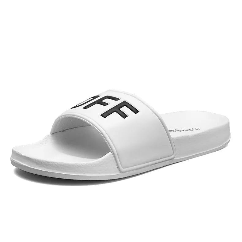 Men's black open-toe slippers with rubber sole showing size range from 36 to 46