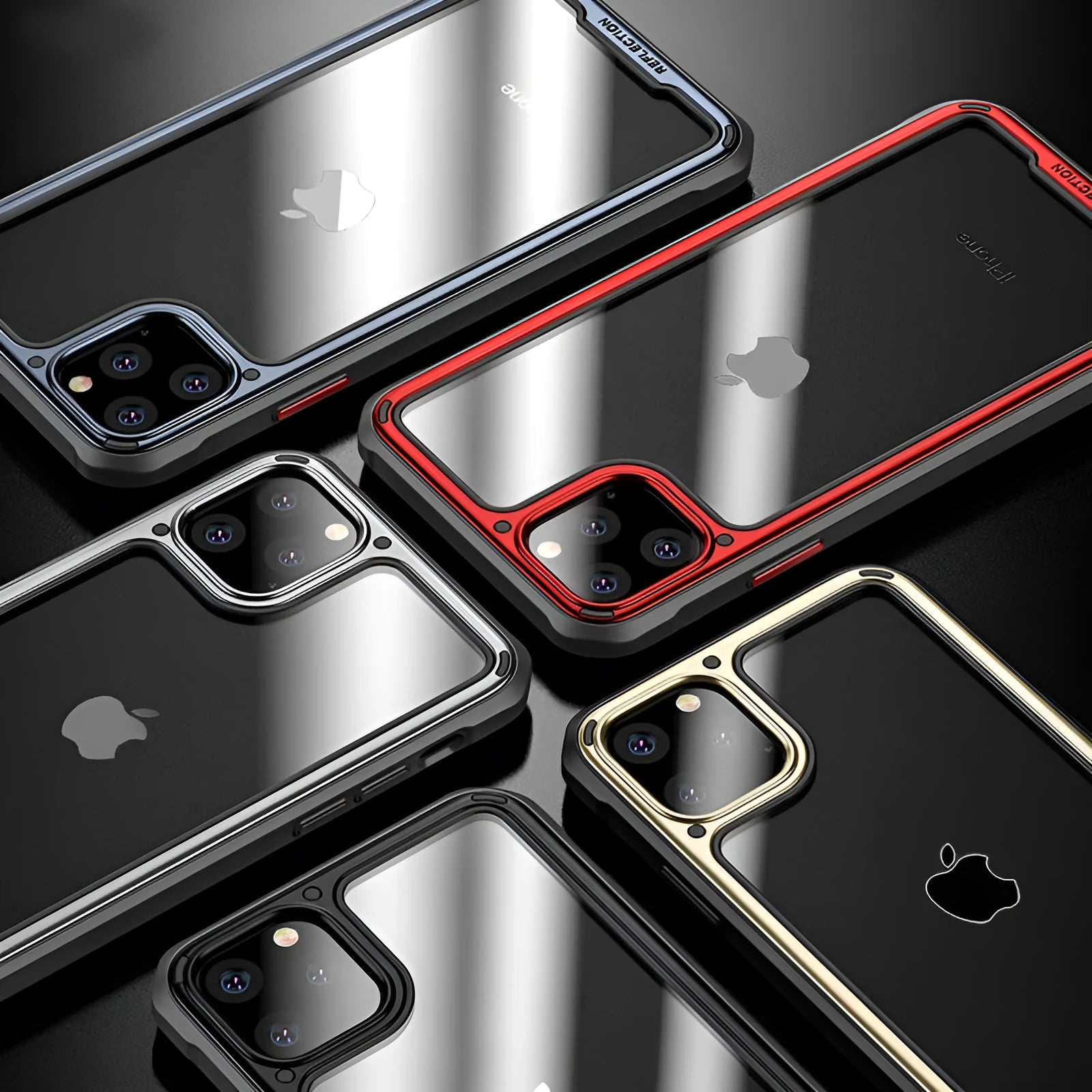 Transparent silicone iPhone 11 case showing six colour options: black, gold, green, grey, red, silver