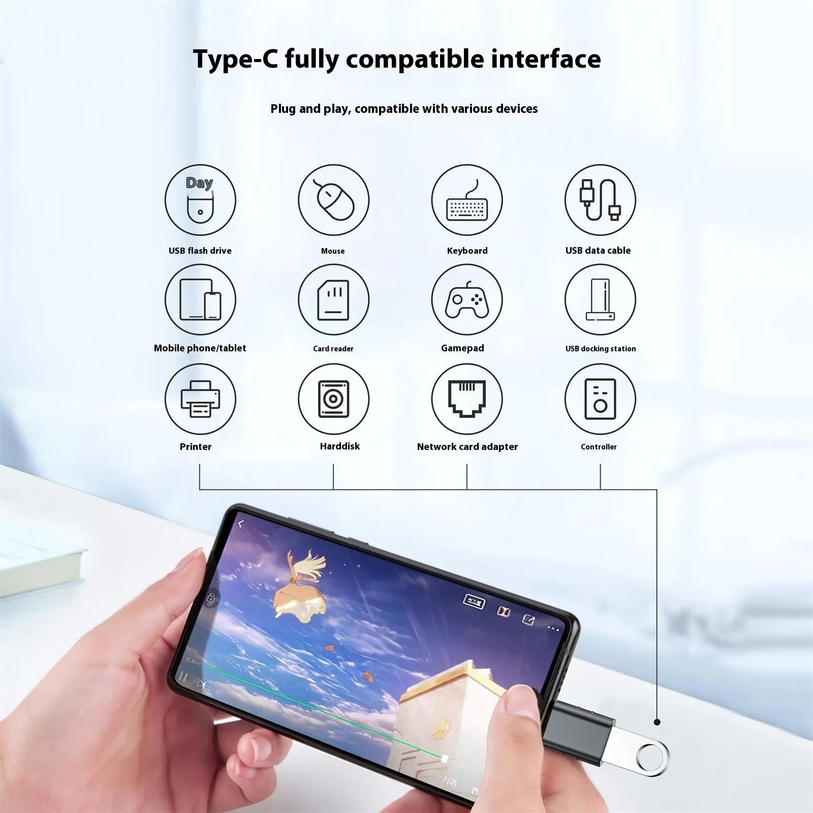 Zinc alloy USB-C to USB-A converter adapter in metallic finish for 10Gbps data and charging