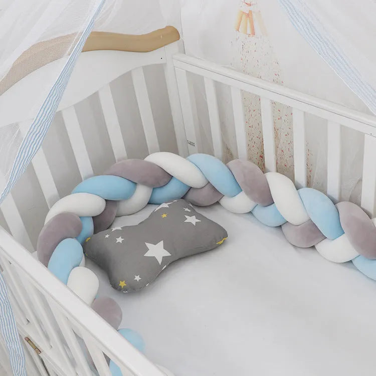Braided knot crib bumper cushion in spandex velvet protecting infant cot sides