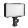 Shenniu M150 ultra-thin silver LED video light panel with 150 beads, shown with L-bracket for phone or camera mounting.