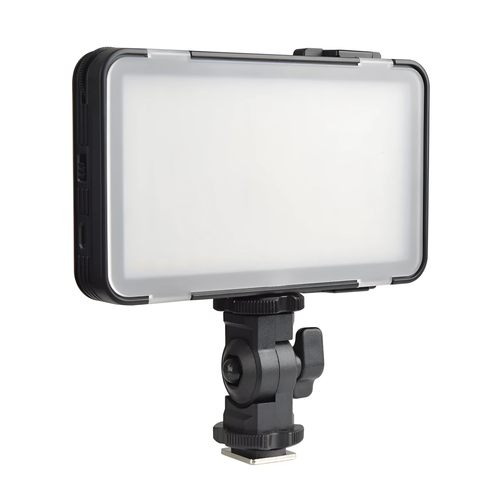 Shenniu M150 ultra-thin silver LED video light panel with 150 beads, shown with L-bracket for phone or camera mounting.