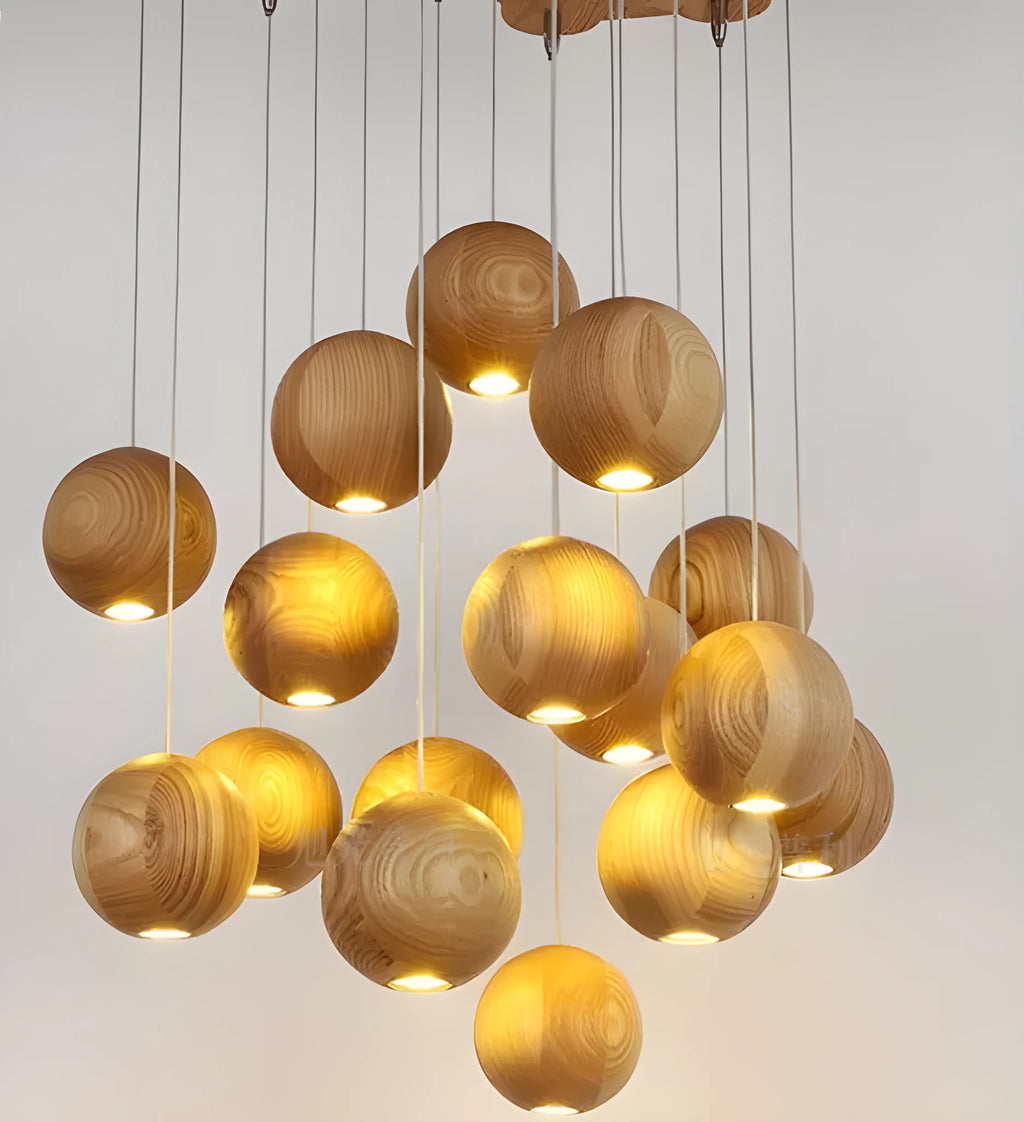 Nordic style solid wood ball chandelier ceiling pendant light with adjustable drop