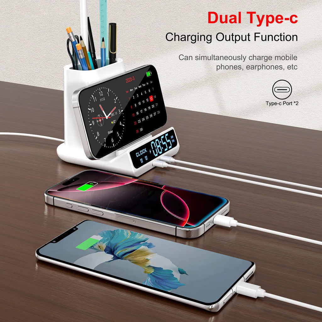 Modern black and white desk lamp with wireless charging pad, pen holder, and storage compartment.