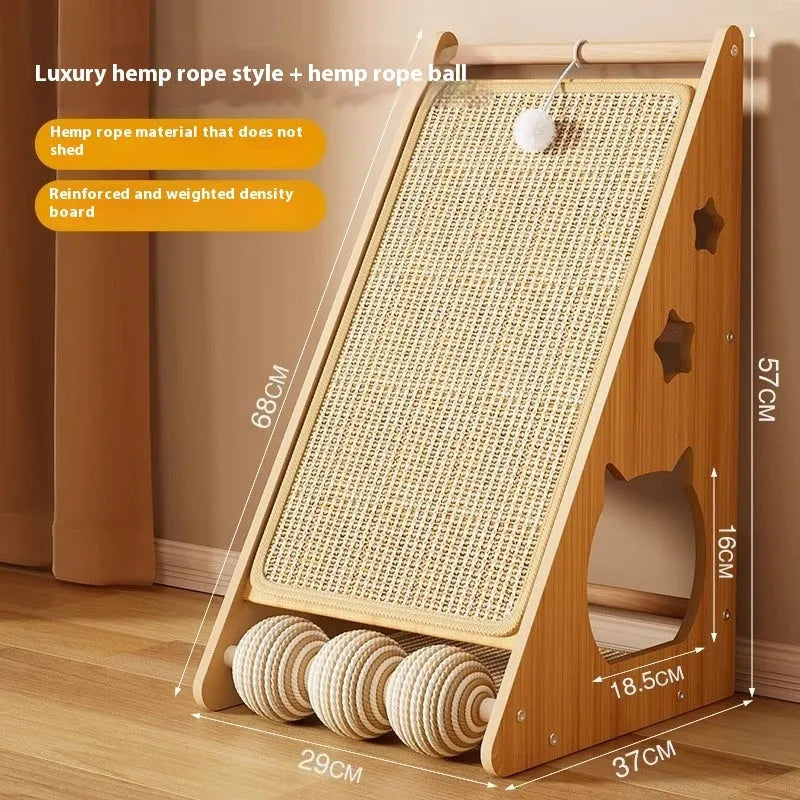Vertical cat scratch board with hemp rope and integrated teasing ball attached to wall