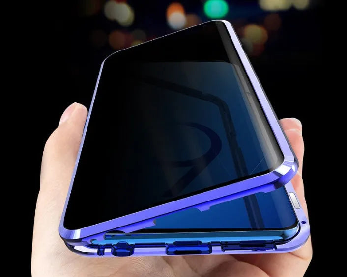 Black anti-peeping magnetic clamshell phone case for Samsung Galaxy showing privacy screen and magnetic closure