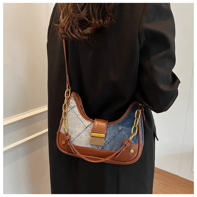 Women's brown denim bucket shoulder bag with diamond chain mesh and double strap