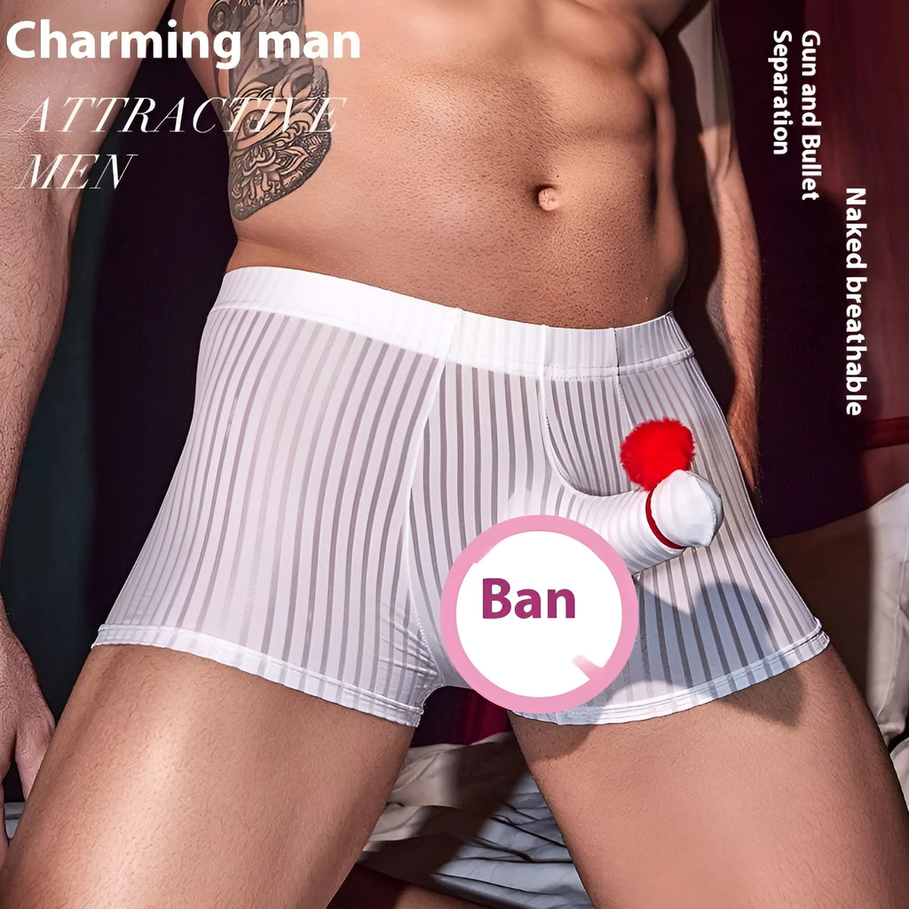 Men's striped nylon boxer briefs in black, white, and dark grey colours showing vertical pattern design