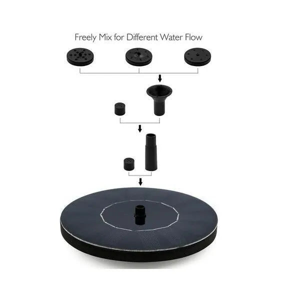 Black solar water fountain pump with four nozzle options for garden ponds and birdbaths