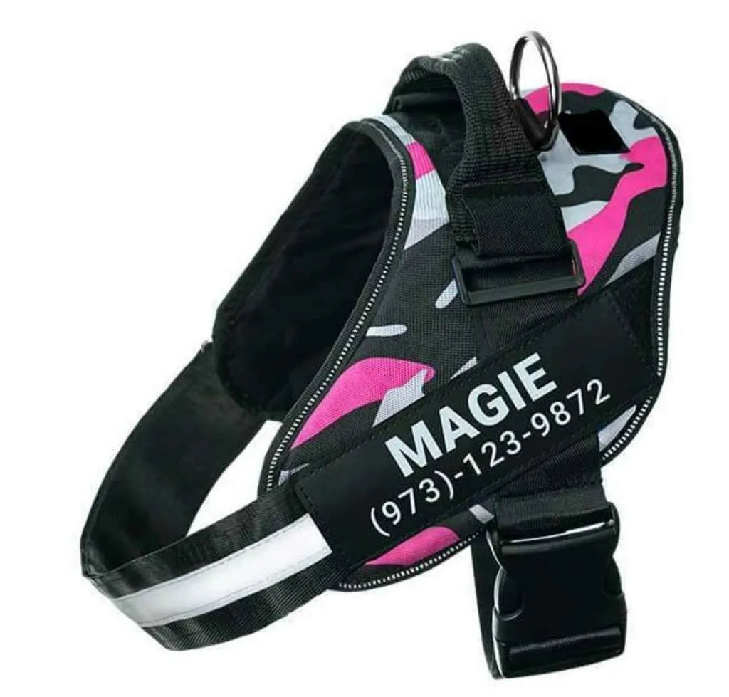 Adjustable no-pull dog harness vest with reflective strips and a chest strap, shown in various colours