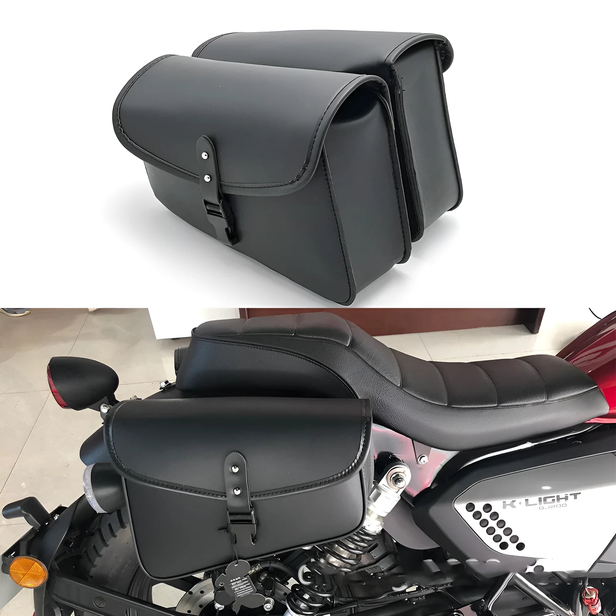 Black PU leather motorcycle swingarm saddlebag mounted on a Harley Sportster, showing side storage compartment.