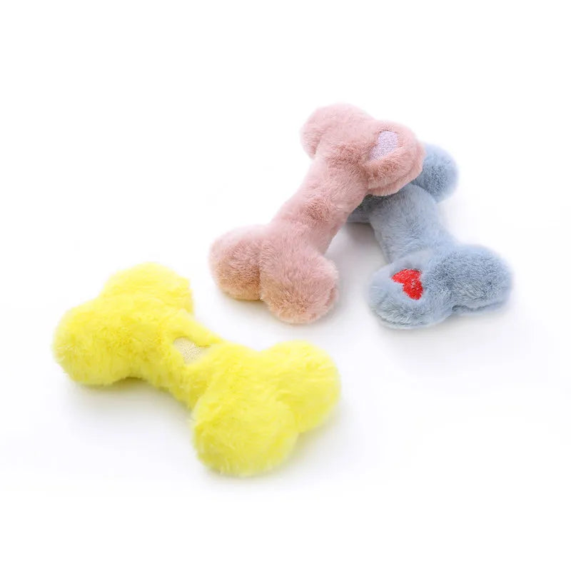 Blue Love Bone shaped plush dog toy with bite resistant texture and internal squeaker.
