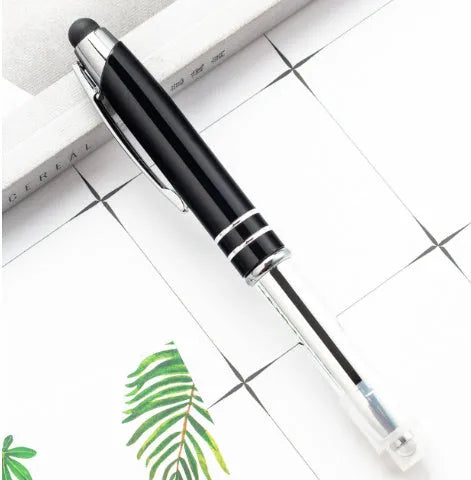 Red multifunctional metal ballpoint pen with capacitive stylus tip and LED light