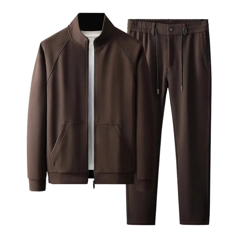 Men's stand collar slim-fit sports suit jacket and trousers in black, coffee, or black fleece-lined options.