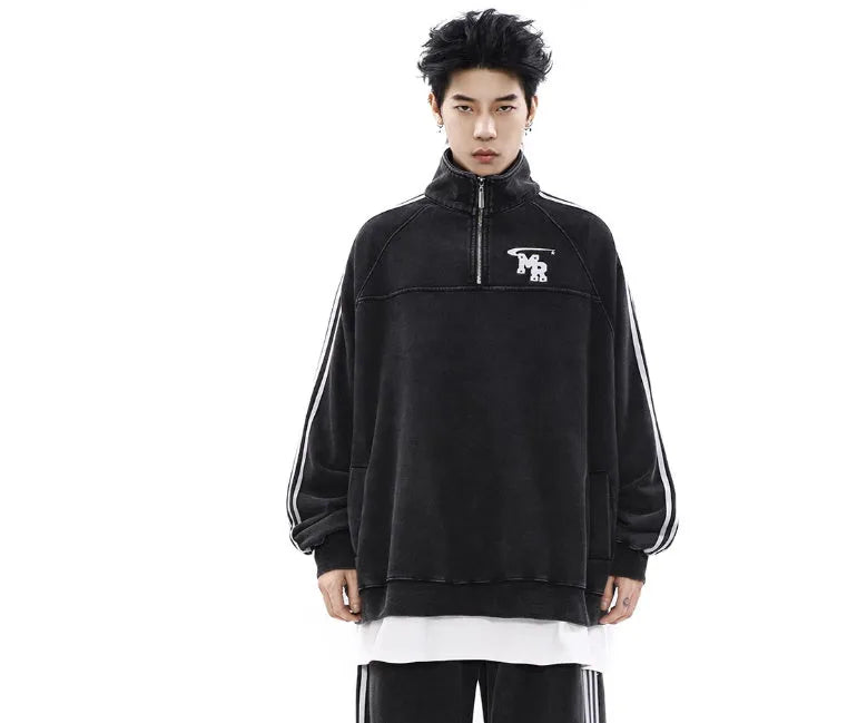 American retro casual sports hoodie with stand collar in black polyester