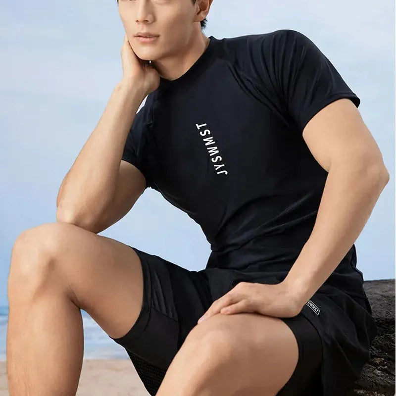 Men's polyester swimsuit set with pattern design in sizes M to 4XL