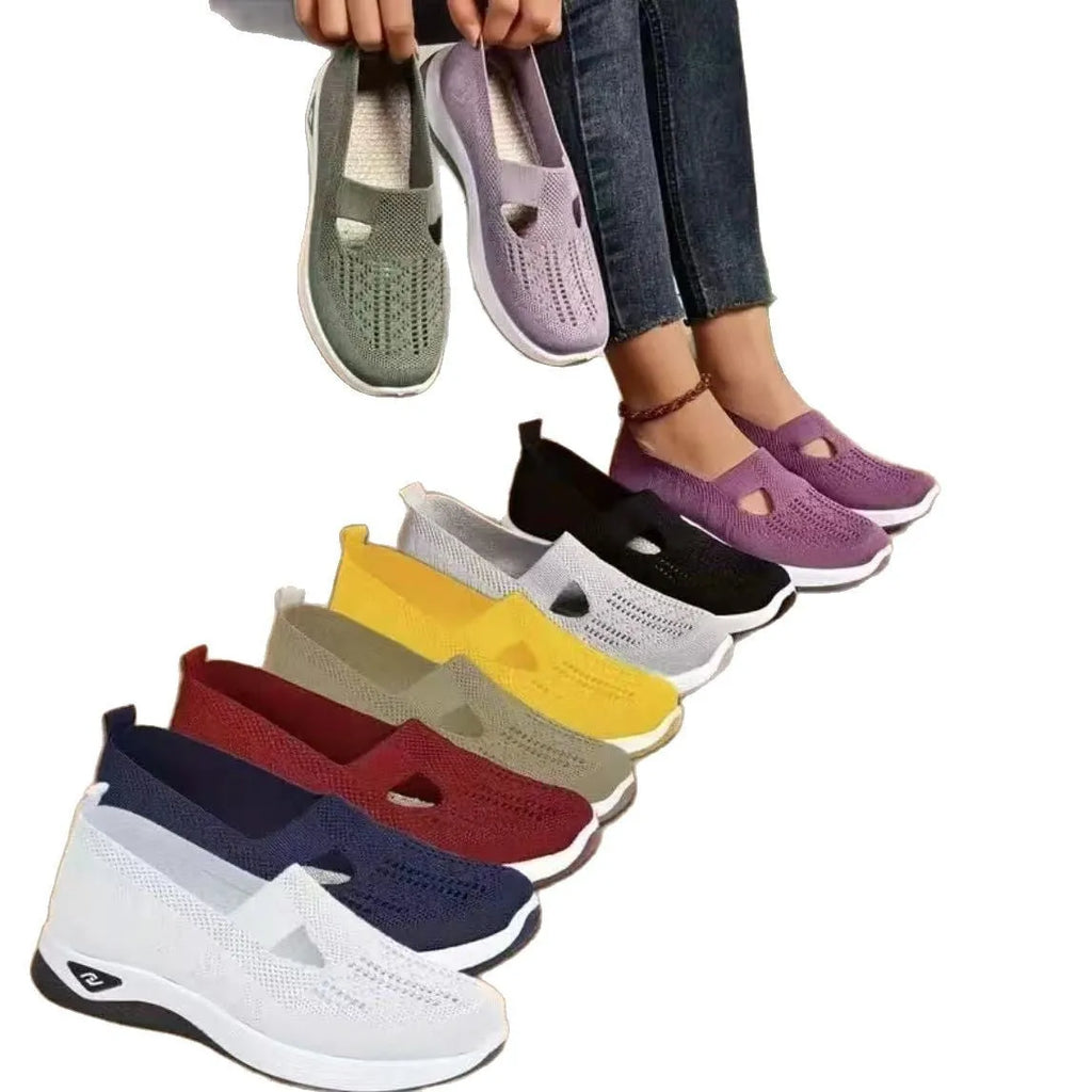 Casual mesh mom shoes with T-shaped strap and soft PVC sole in multiple colour options
