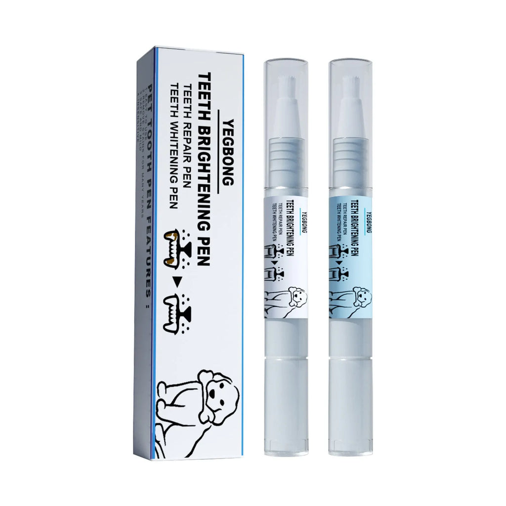 White pet teeth whitening pen kit with two 3ml applicators and dental brushes for dog and cat dental care