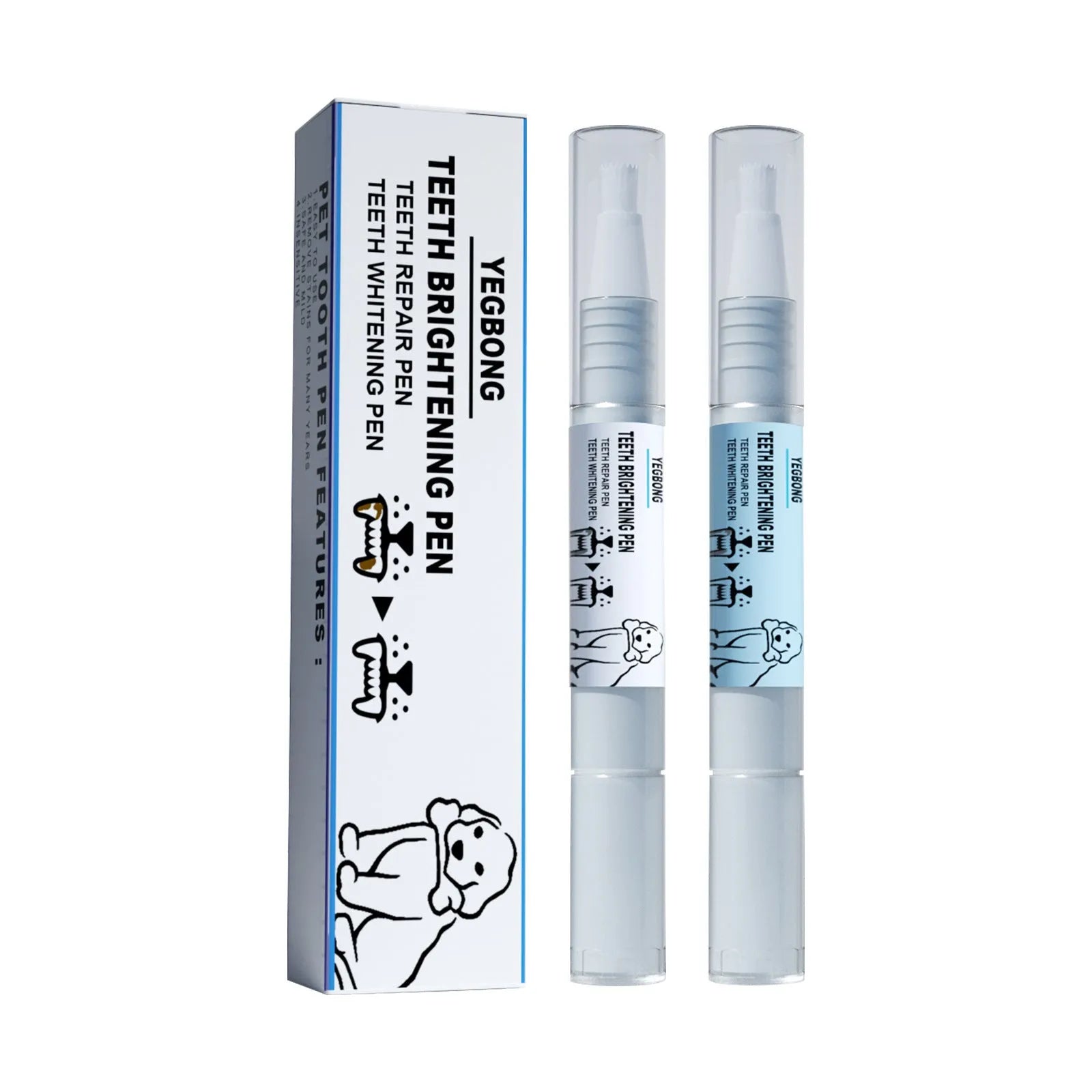 White pet teeth whitening pen kit with two 3ml applicators and dental brushes for dog and cat dental care