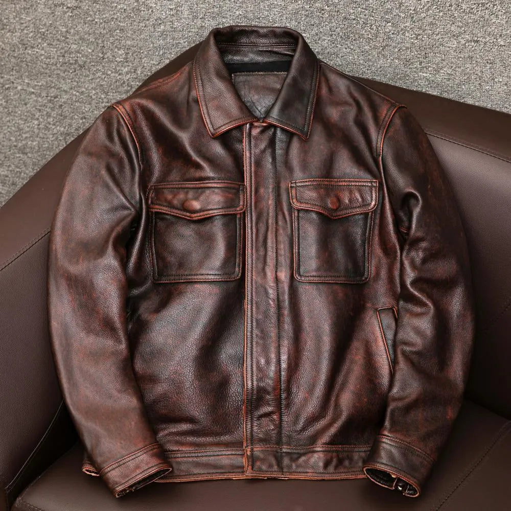 Men's black lapel leather jacket with loose fit and side pockets on plus-size model