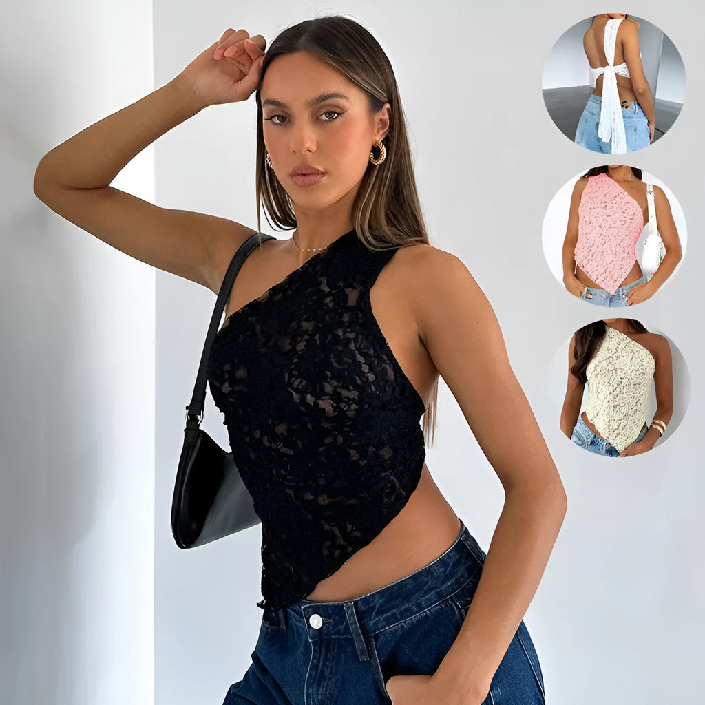 Women's sleeveless lace backless vest top with asymmetrical neckline in slim fit streetwear design