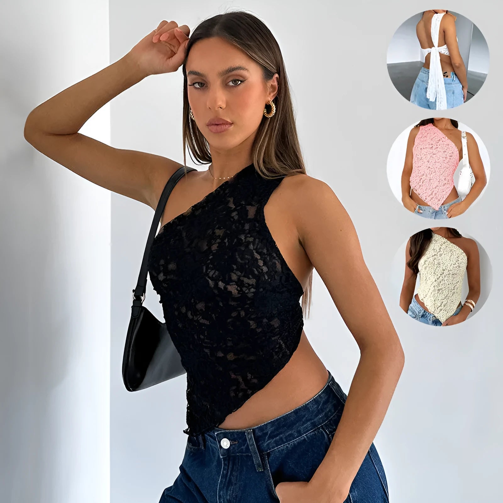 Women's sleeveless lace backless vest top with asymmetrical neckline in slim fit streetwear design